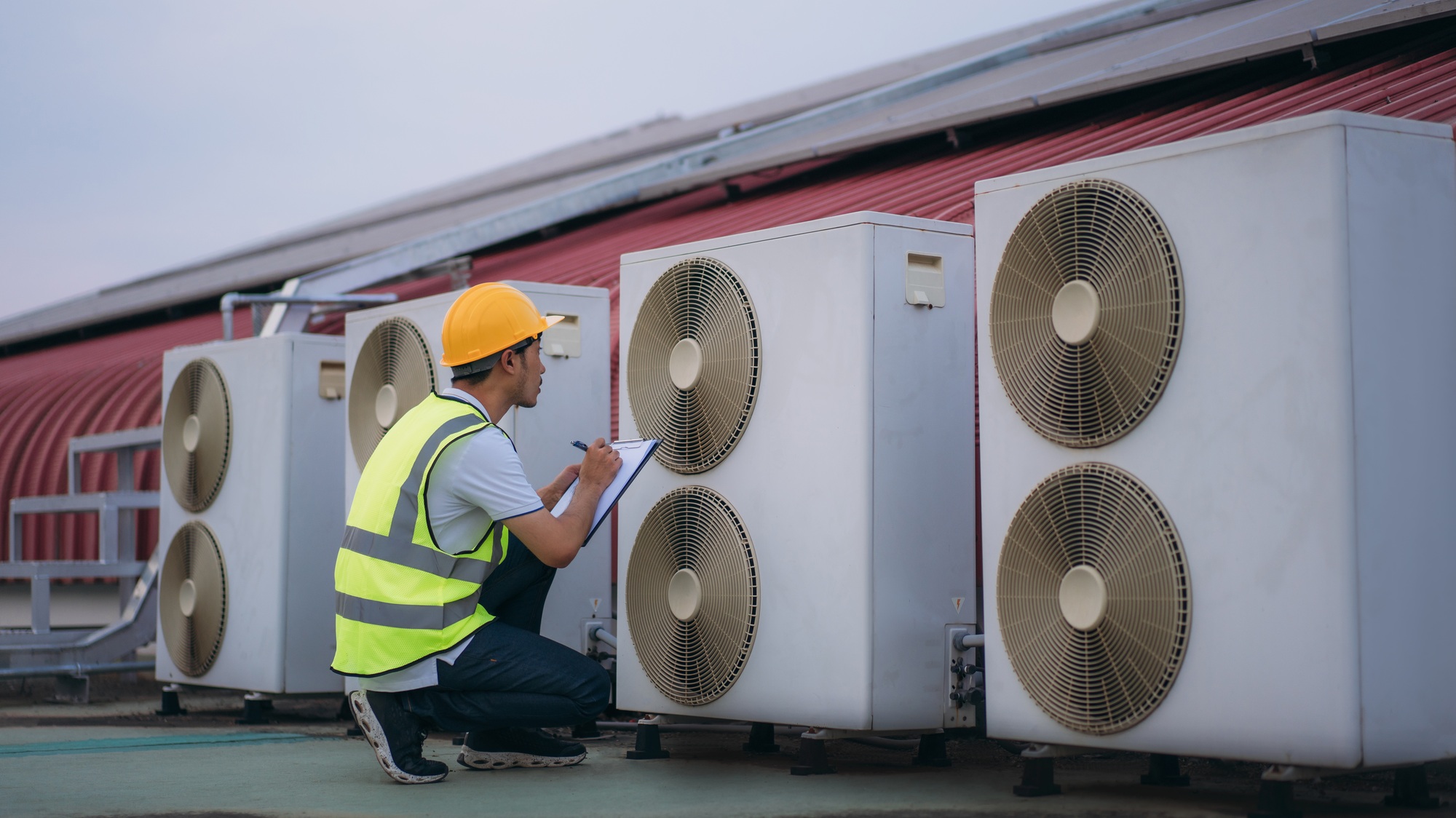 Engineers is checking the air conditioning cooling system of a major building or industrial facility