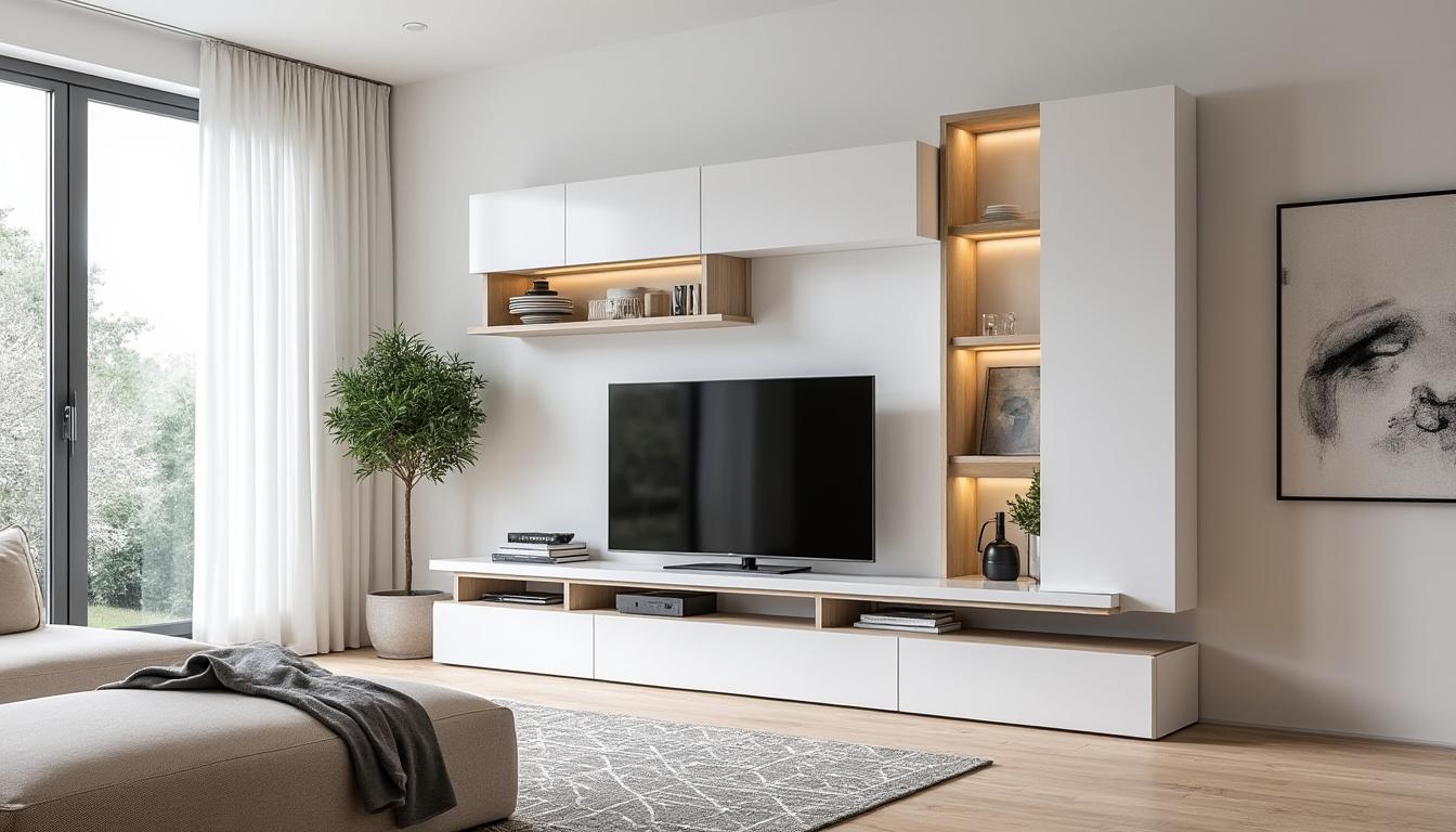 découvrez le meuble tv avec enceinte intégrée disponible chez leclerc, alliant fonctionnalité et design élégant pour un salon moderne. améliorez votre expérience de divertissement tout en apportant une touche contemporaine à votre intérieur.