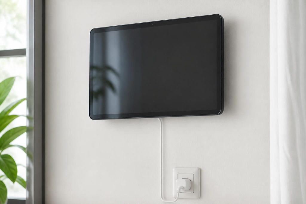découvrez comment alimenter votre tablette samsung fixée au mur avec un câble invisible pour un design épuré et une charge sécurisée garantissant la protection de votre appareil.