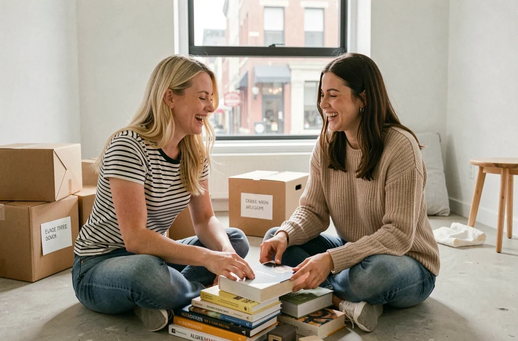Deux amies triant des livres et objets dans un appartement vide lors d'un déménagement