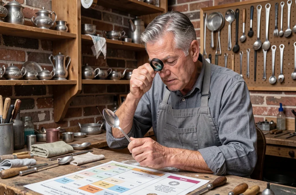 Argentier examinant le poinçon d'une cuillère en argent à la loupe dans son atelier artisanal, avec des outils et des couverts anciens en arrière-plan