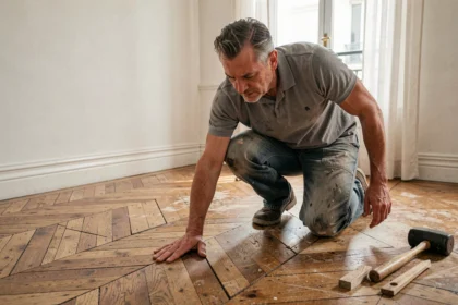 Artisan parqueteur accroupi qui appuie sur des lames de parquet en chêne pour localiser l'origine d'un grincement dans un appartement haussmannien