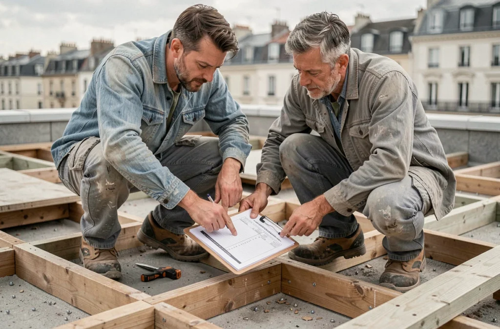 Artisans examinant un devis détaillé pour la pose d'une terrasse en bois au mètre carré