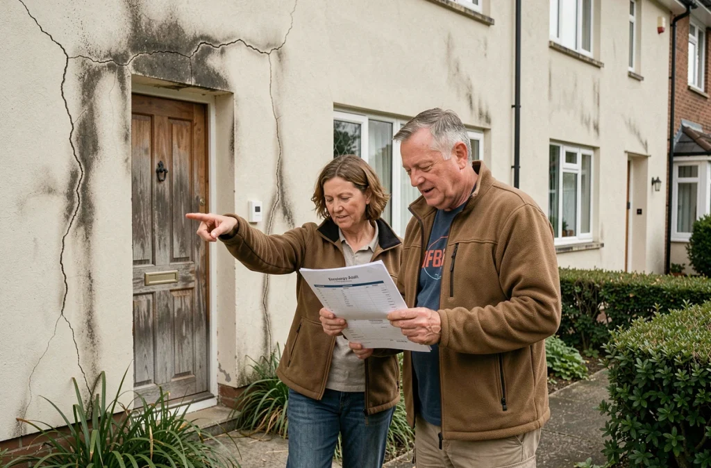 Couple de propriétaires examinant un rapport d'audit énergétique devant leur maison individuelle avant des travaux de rénovation