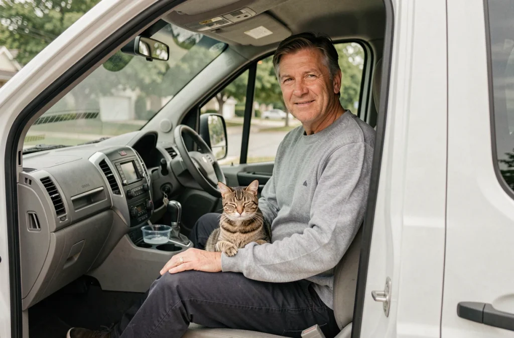 Homme voyageant avec son chat sur les genoux dans un camion de déménagement