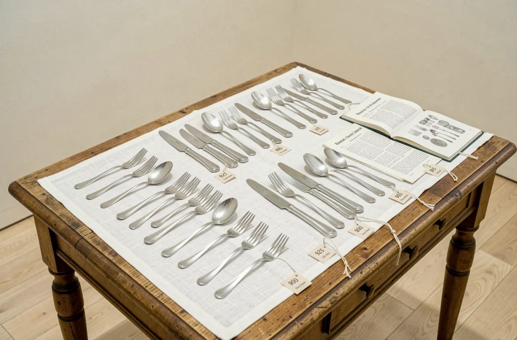Collection de couverts en argent avec étiquettes indiquant le titre de l'alliage disposée sur un linge blanc lors d'une présentation de vente aux enchères