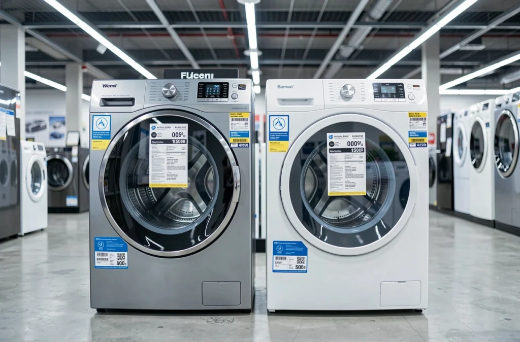 Comparaison de deux lave-linges côte à côte dans un magasin d'électroménager avec étiquettes de prix