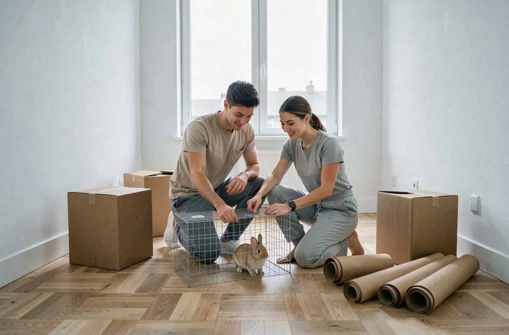 Couple installant un enclos pour lapin dans un nouvel appartement vide lors d'un déménagement