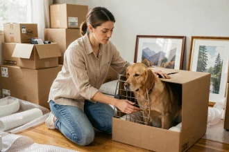 Femme préparant sa chienne dans une cage de transport pendant un déménagement dans un appartement