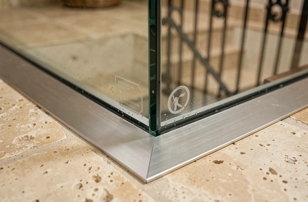 Détail macro du cadre aluminium et du verre trempé certifié d'une trappe de cave encastrée dans un carrelage en pierre calcaire
