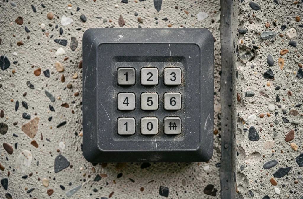 Digicode encastré sur mur en béton brut, résistance et durabilité des matériaux