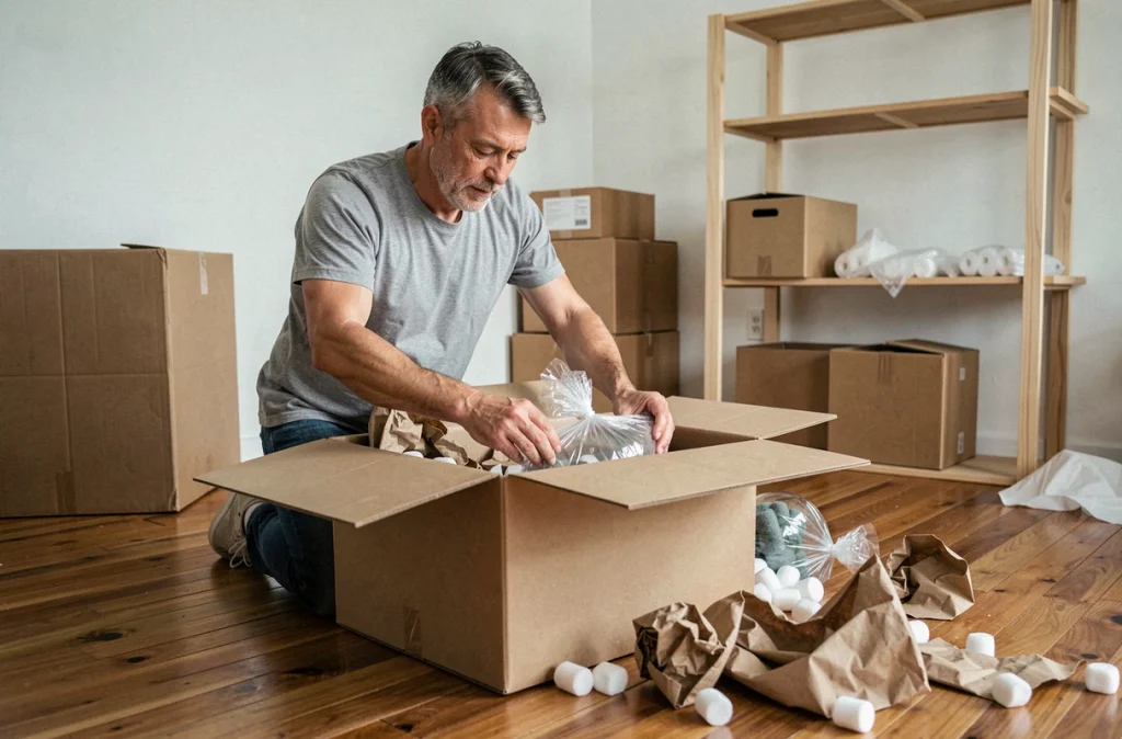 Homme emballant une figurine en verre dans un carton de déménagement avec des matériaux de protection comme le papier kraft et les chips de calage