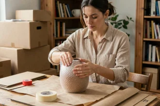 Femme emballant un vase en céramique avec du papier bulle pour protéger un objet fragile lors d'un déménagement