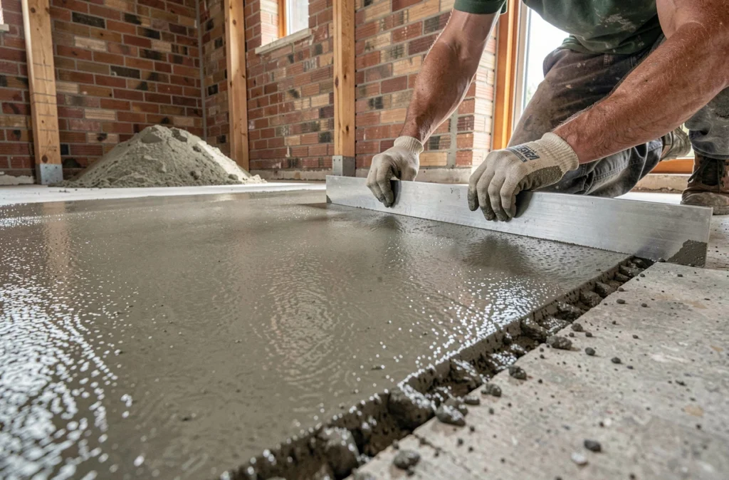 Étalement d'une chape ciment sur un plancher en cours de rénovation intérieure