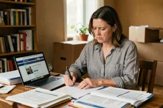 Femme consultant des documents administratifs pour un déménagement à une table en bois avec des cartons en arrière-plan