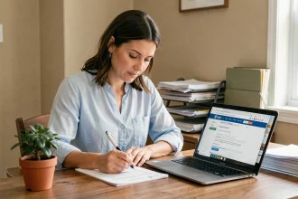 Femme remplissant un formulaire de changement d'adresse à son bureau à domicile avec un ordinateur portable affichant un site gouvernemental
