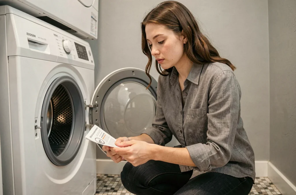 Femme inspectant le tambour d'un lave-linge dans un appartement urbain compact