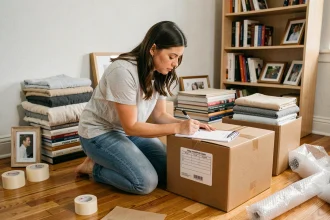 Femme préparant un inventaire de déménagement en notant les objets sur une liste papier à côté de cartons ouverts dans un appartement