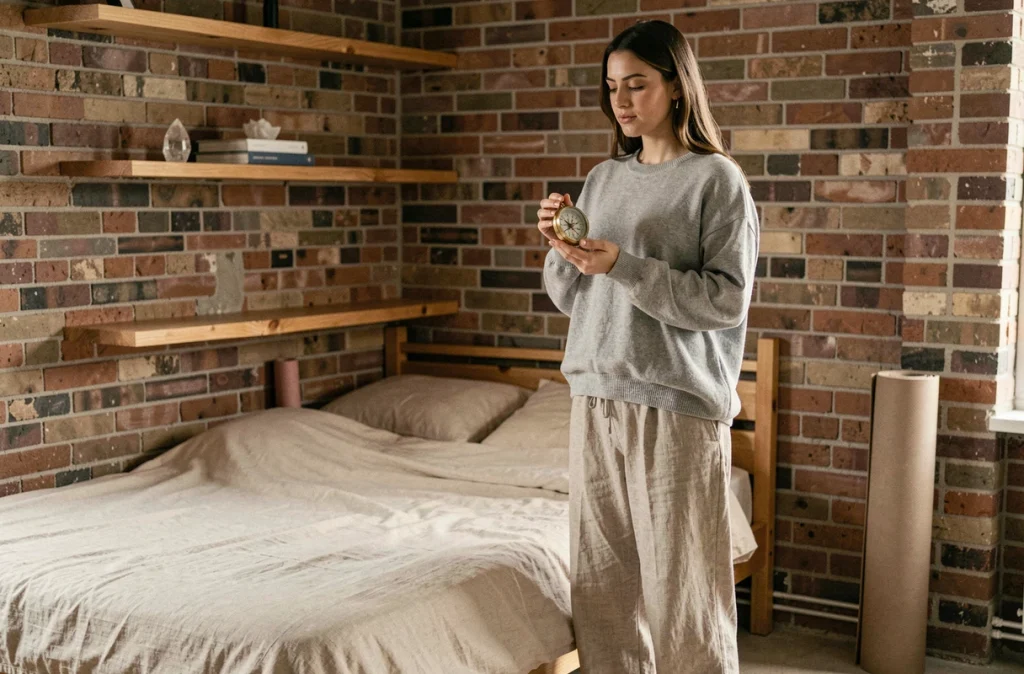 Jeune femme consultant une boussole pour orienter son lit dans un petit studio selon le feng shui, debout dans un appartement minimaliste