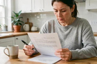 Femme lisant attentivement un contrat d'abonnement à résilier posé sur une table en bois