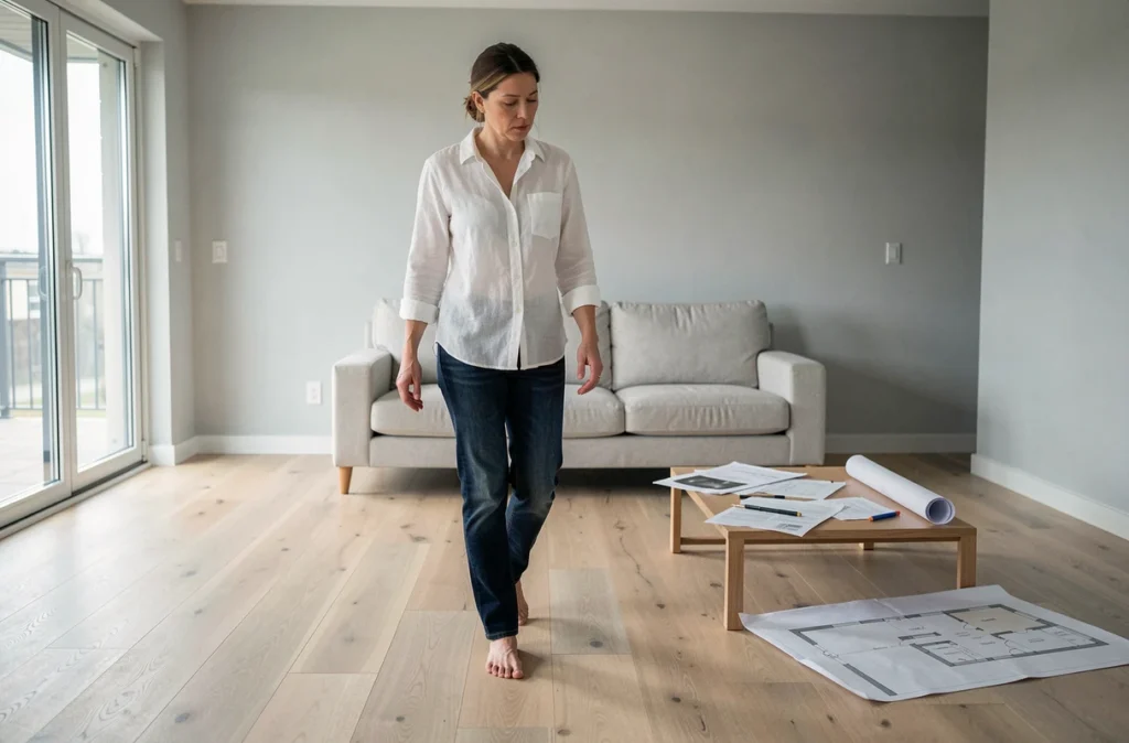 Femme testant un parquet flottant en bois clair en marchant lentement pour détecter un grincement dans un appartement moderne rénové