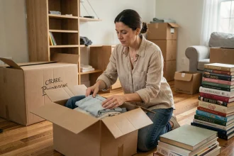 Femme triant ses vêtements dans des cartons lors d'un déménagement vers un logement plus petit