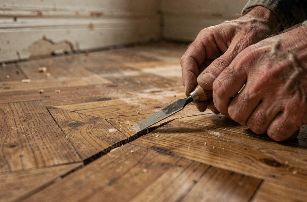 Gros plan d'un ciseau inséré dans l'interstice entre deux lames de parquet massif pour diagnostiquer un craquement