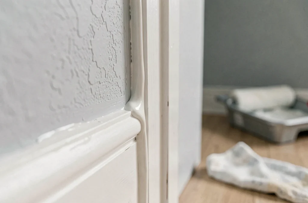 Gros plan sur un joint acrylique lissé au doigt entre un cadre de porte blanc et un mur gris peint