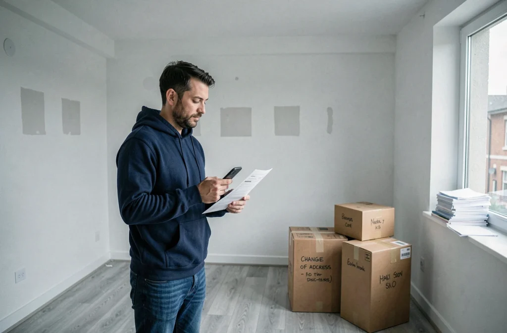 Homme tenant un formulaire de changement d'adresse dans un appartement vide en cours de déménagement