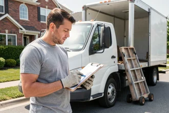 Homme organisant la location d'un camion de déménagement devant une maison avec une liste de vérification