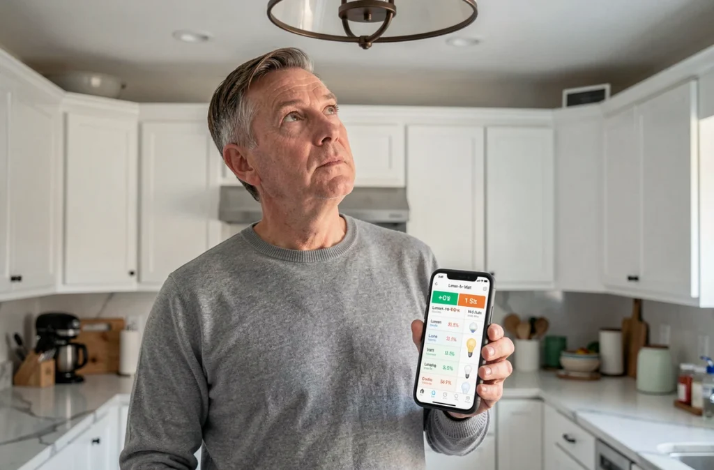 Homme consultant un graphique de comparaison lumens-watts sur smartphone dans une cuisine, en regardant une ampoule au plafond