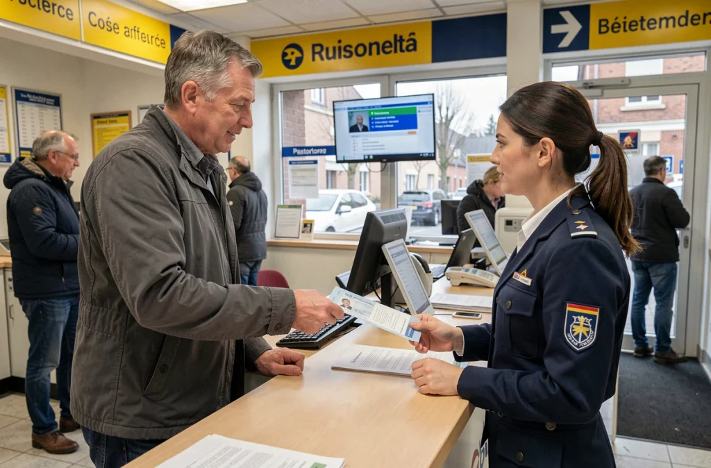 Homme remettant ses documents officiels à un guichet de la poste pour déclarer un changement d'adresse