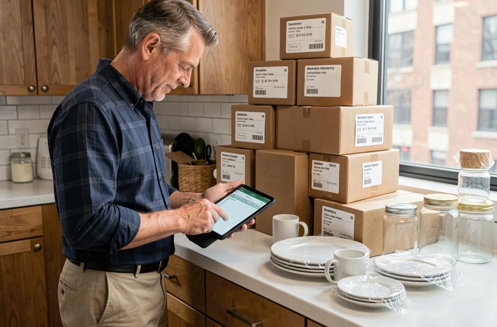 Homme utilisant une tablette pour créer un inventaire numérique de ses affaires avant un déménagement dans une cuisine