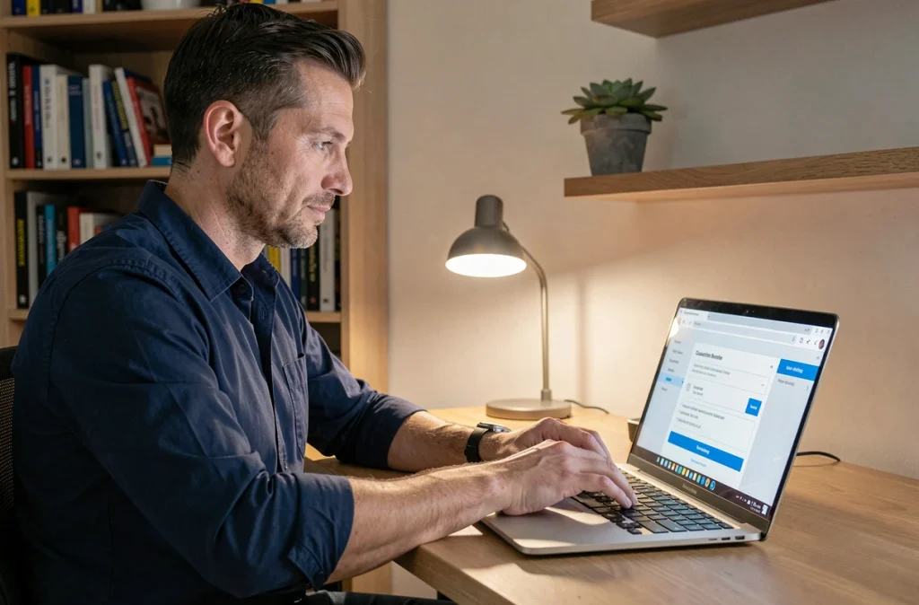 Homme gérant la résiliation d'un abonnement en ligne sur son ordinateur portable au bureau