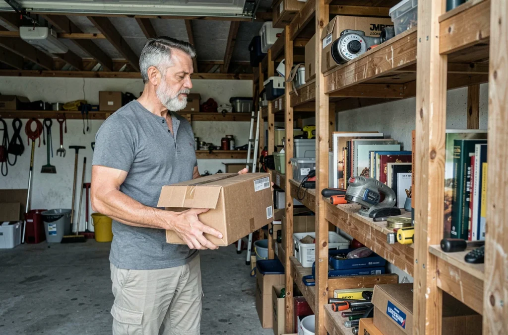Homme faisant le tri dans son garage avant un déménagement dans un logement plus petit