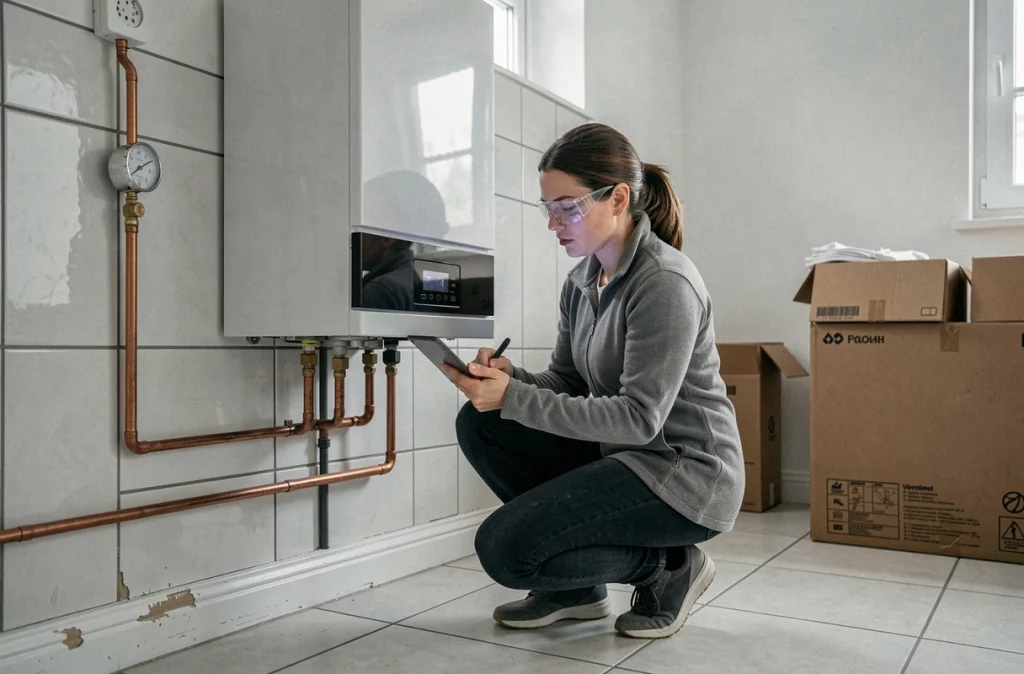 Technicienne consultant une tablette devant une chaudière à condensation neuve dans une buanderie lors d'un projet de rénovation thermique