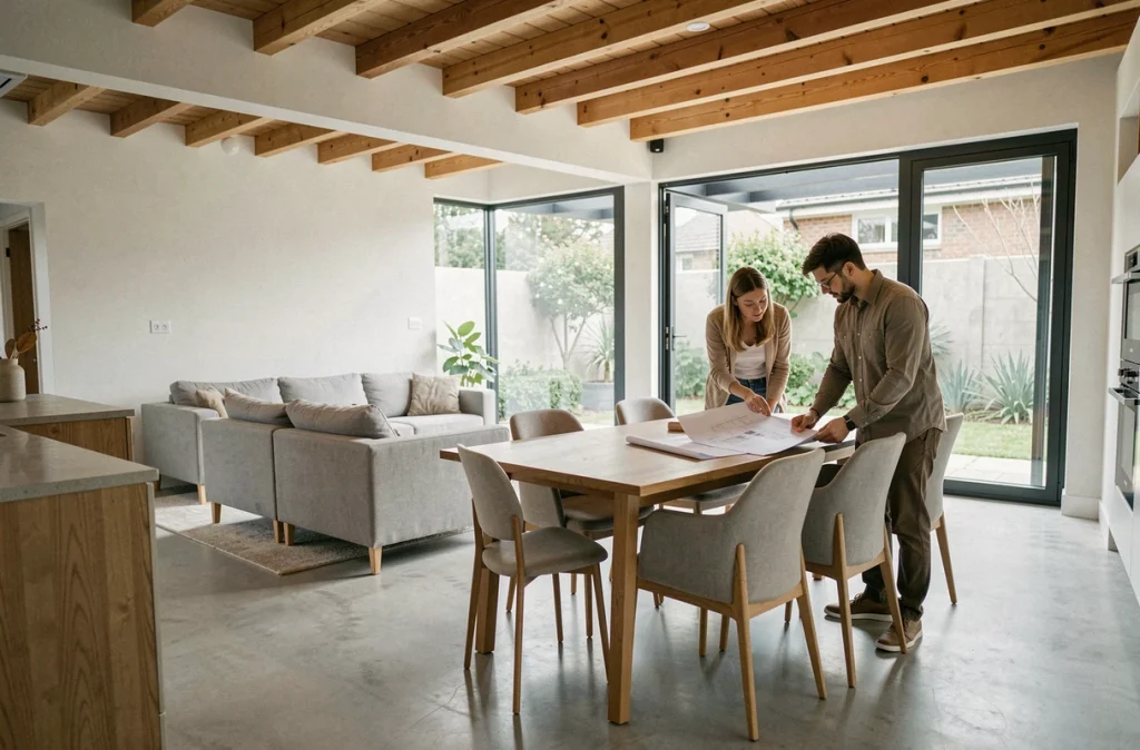 Intérieur lumineux d'une maison en L 4 chambres avec séjour ouvert, couple consultant des plans de construction