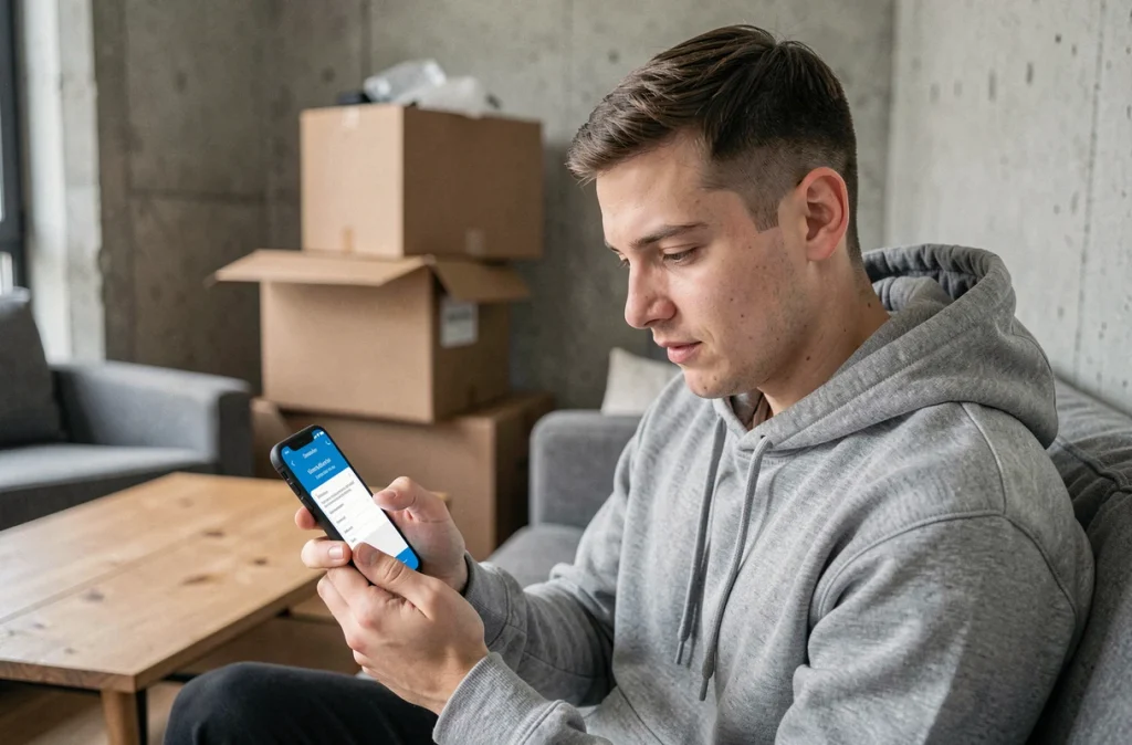 Jeune adulte utilisant un smartphone pour effectuer un changement d'adresse en ligne sur l'application des services publics français entouré de cartons de déménagement