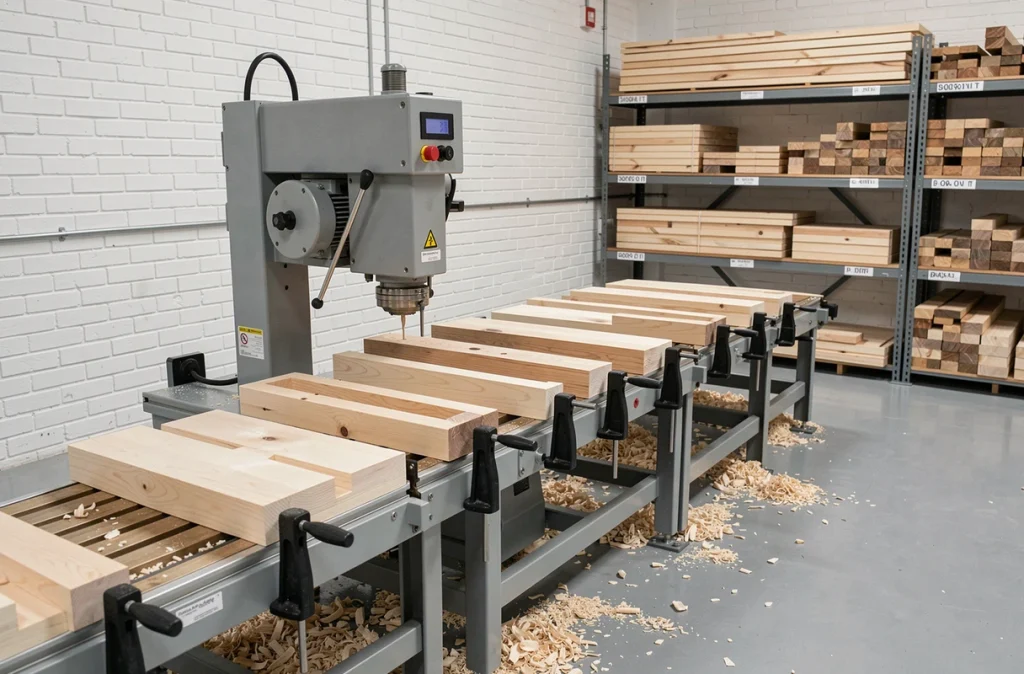 Machine à mortaiser en production série dans un atelier de menuiserie moderne avec pièces en érable alignées