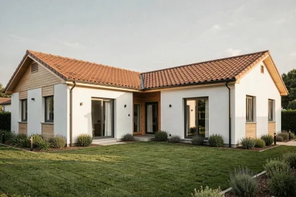 Maison en L plain-pied avec 4 chambres, façade blanche et bardage bois, jardin soigné pour un budget maîtrisé