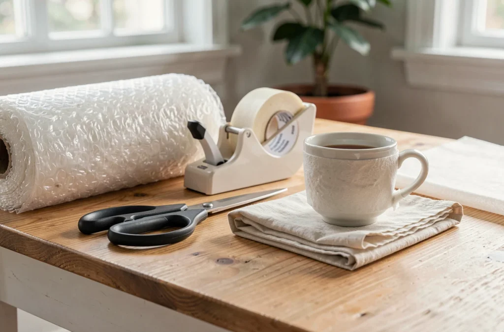 Vue rapprochée des matériaux d'emballage pour objets fragiles : papier bulle, papier de soie, ruban adhésif et tasse en porcelaine à moitié emballée sur une table en bois