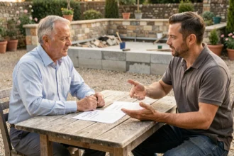 Propriétaire négociant le prix d'une terrasse au m2 avec un artisan dans un jardin suburban
