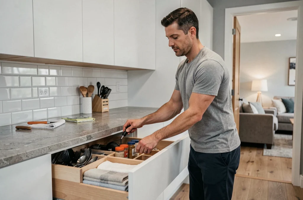 Homme organisant les tiroirs de cuisine avec des séparateurs et des rangements modulables dans une cuisine moderne