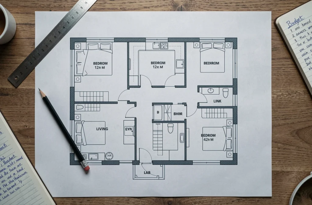 Plan de maison en L avec 4 chambres sur papier blueprint posé sur un bureau en bois avec notes de budget