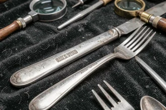 Gros plan sur les poinçons gravés sur des couverts en argent anciens posés sur un velours sombre, lors d'une expertise en boutique antiquaire