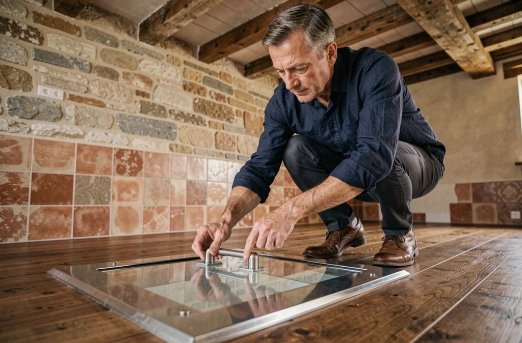 Propriétaire examinant la poignée encastrée d'une trappe en verre sur un parquet chêne dans une maison de caractère aux murs en pierre