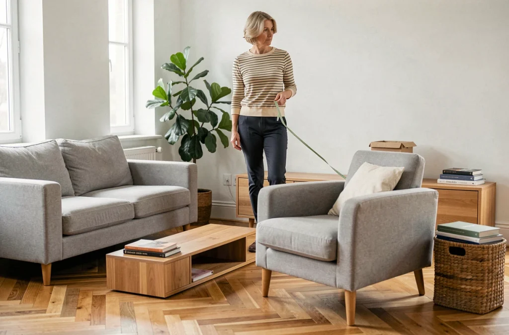 Femme réaménageant son salon avec des meubles modulables pour optimiser l'espace et la fonctionnalité