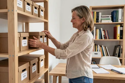 Femme réorganisant des boîtes de rangement étiquetées sur des étagères en bois dans un bureau à domicile