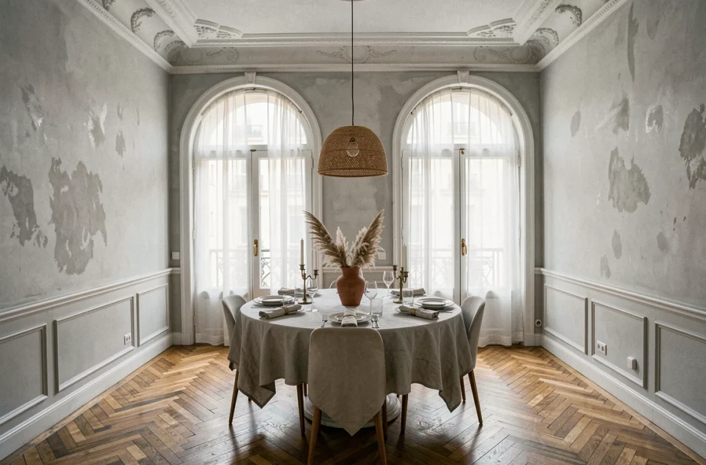 Salle à manger haussmannienne avec grandes fenêtres en arc et voilages transparents laissant la lumière naturelle révéler les textures du parquet et du marbre