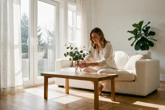 Salon scandinave lumineux avec grandes fenêtres et rideaux en lin blanc optimisant la lumière naturelle pour une ambiance chaleureuse et apaisante